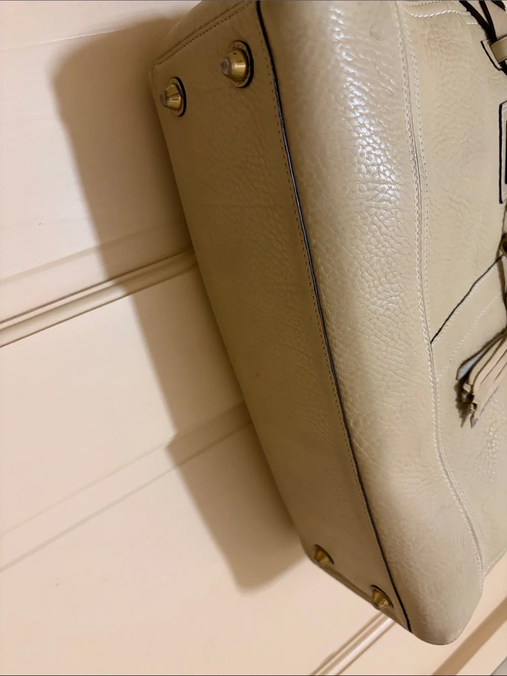 Coach Cream Leather Shoulder Tote with Braided Trim and Tassel